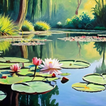 **Prompt:** A hazy, dreamlike Monet-style water lily pond. Soft, broken brushstrokes depict the water, lilies, and reflections. Emphasize the fleeting moment and the artist's impression over photographic accuracy. Use a pastel color palette to evoke a sense of peace and tranquility. Capture the feeling of light filtering through the leaves and water.