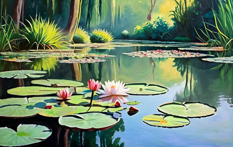 **Prompt:** A hazy, dreamlike Monet-style water lily pond. Soft, broken brushstrokes depict the water, lilies, and reflections. Emphasize the fleeting moment and the artist's impression over photographic accuracy. Use a pastel color palette to evoke a sense of peace and tranquility. Capture the feeling of light filtering through the leaves and water.