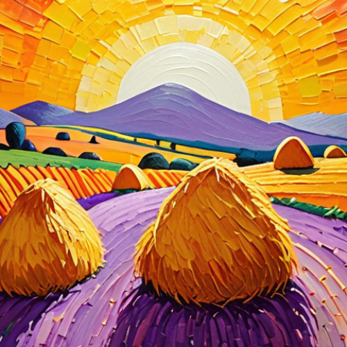 Home 18 **
A vibrant and textured abstract painting inspired by Monet's "Haystacks." Focus on the interplay of light and color, using thick brushstrokes and a palette of warm yellows, oranges, and purples to evoke a sense of a fleeting, sun-drenched moment.
**