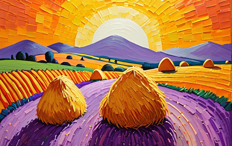 **
A vibrant and textured abstract painting inspired by Monet's "Haystacks." Focus on the interplay of light and color, using thick brushstrokes and a palette of warm yellows, oranges, and purples to evoke a sense of a fleeting, sun-drenched moment.
**