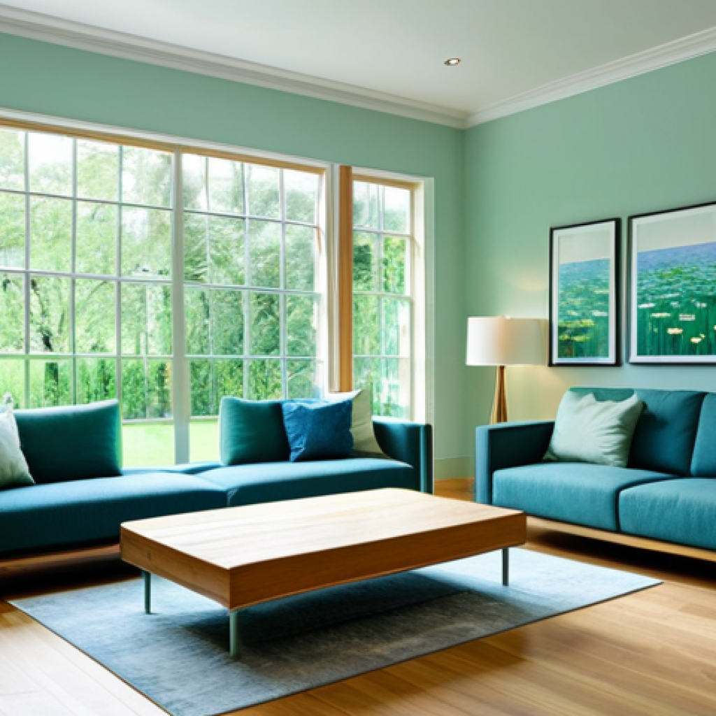 Monet's Light in a Modern Living Room**
"A modern living room bathed in soft, diffused light, reminiscent of Monet's water lilies. Large windows overlook a serene garden. Muted blue and green tones dominate the color palette. Minimalist furniture with clean lines and natural wood accents. The scene evokes a sense of calm and tranquility. Fully clothed people enjoying the space. Perfect anatomy, correct proportions, natural pose, professional, modest, family-friendly, safe for work, appropriate content, high quality photography."
**