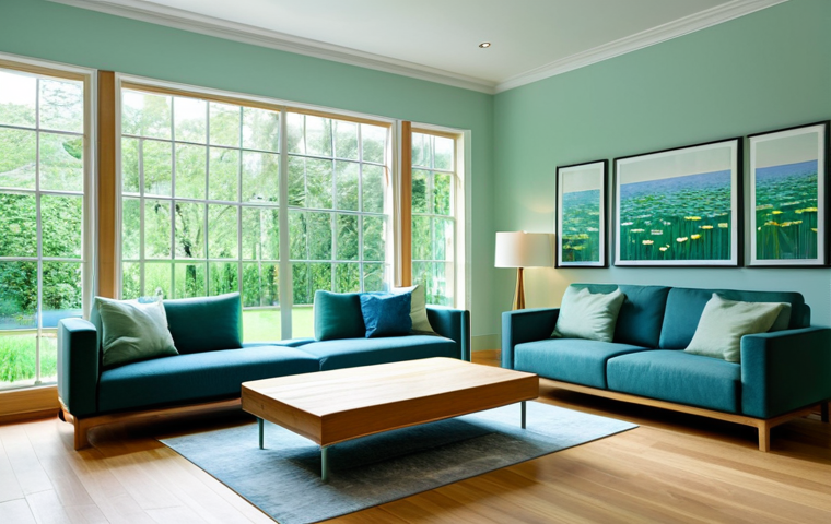 Monet's Light in a Modern Living Room**
"A modern living room bathed in soft, diffused light, reminiscent of Monet's water lilies. Large windows overlook a serene garden. Muted blue and green tones dominate the color palette. Minimalist furniture with clean lines and natural wood accents. The scene evokes a sense of calm and tranquility. Fully clothed people enjoying the space. Perfect anatomy, correct proportions, natural pose, professional, modest, family-friendly, safe for work, appropriate content, high quality photography."
**