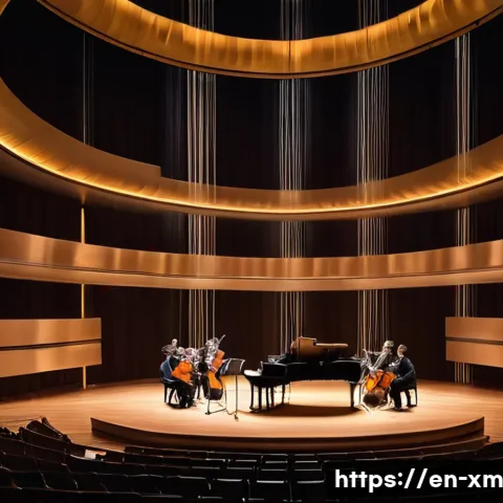 인상주의적 요소가 현대 음악에 주는 영감 - A surreal concert hall bathed in soft, diffused light, where a contemporary ensemble plays an ethere...
