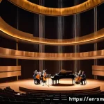 Home 17 인상주의적 요소가 현대 음악에 주는 영감 - A surreal concert hall bathed in soft, diffused light, where a contemporary ensemble plays an ethere...