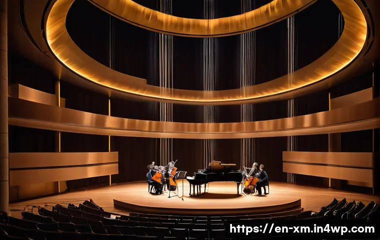 인상주의적 요소가 현대 음악에 주는 영감 - A surreal concert hall bathed in soft, diffused light, where a contemporary ensemble plays an ethere...