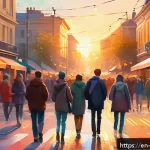 Home 16 인상주의와 현대 사회의 연결고리 - A vibrant digital painting inspired by Impressionism, depicting a bustling city street at sunset wit...